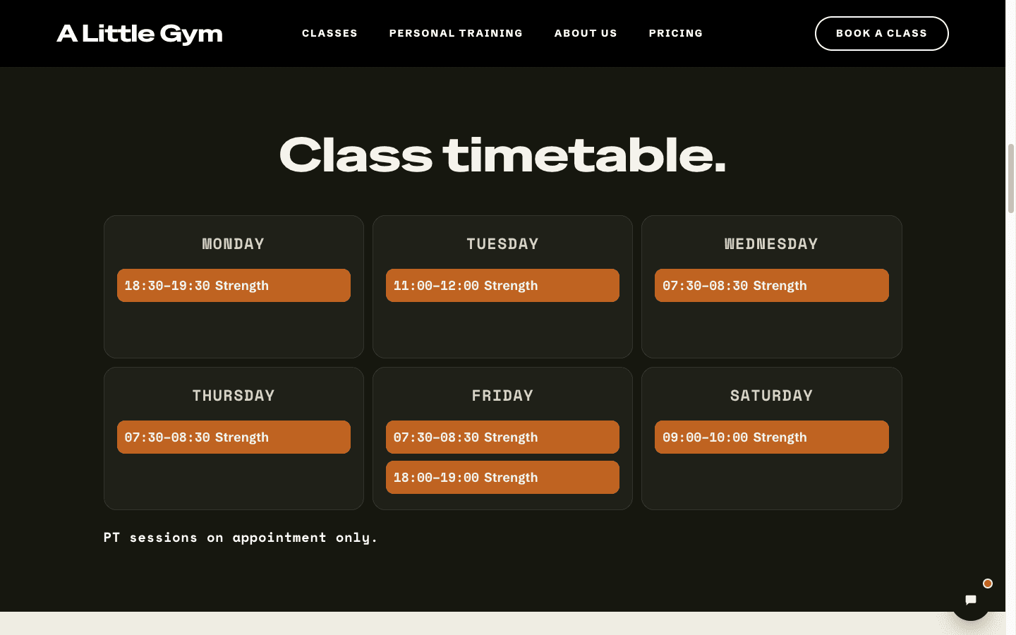 A Little Gym website — Timetable page