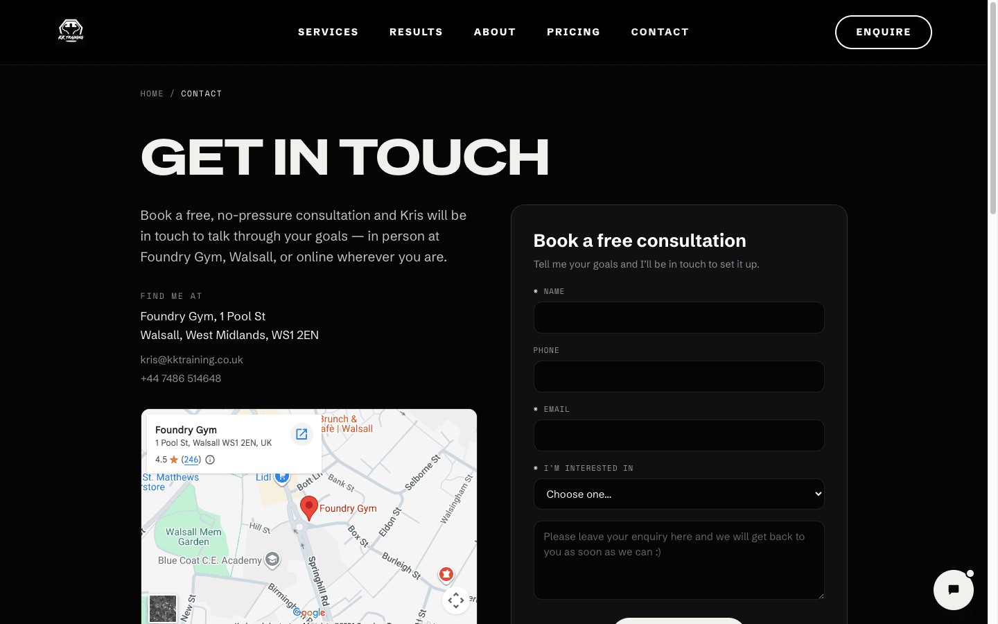 KK Training website — Contact page