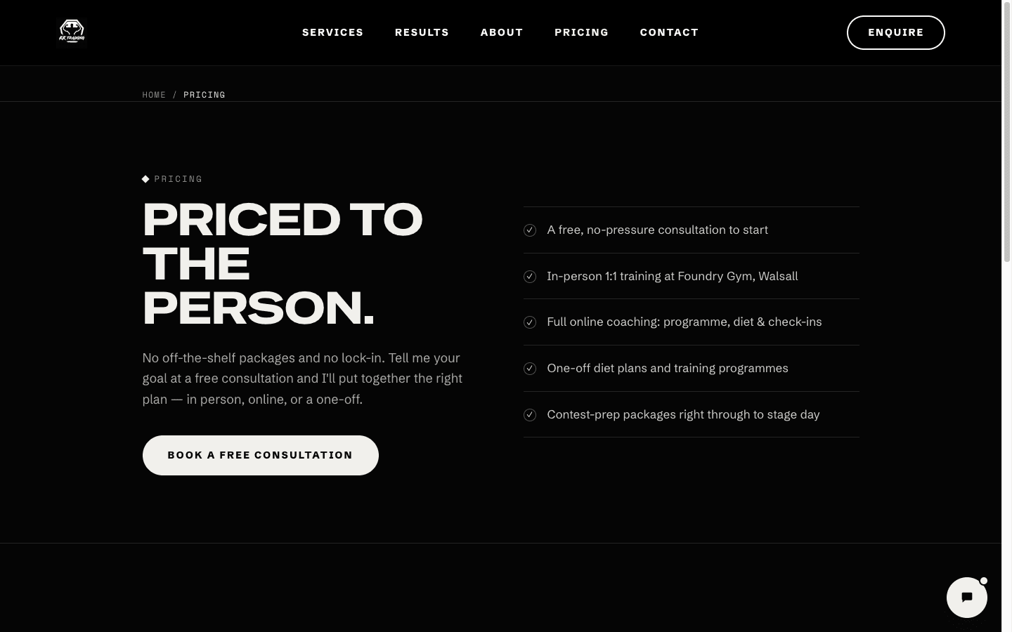 KK Training website — Pricing page